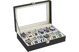 SONGMICS Pudełko na zegarek z 12 przegródkami, etui na zegarek ze zdejmowanymi poduszkami na zegarek, etui z PU w ​​kolorze czarnym, aksamitna wyściółka w kolorze zielono-beżowym JWB12BE