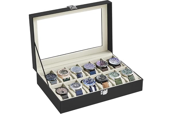 SONGMICS Boîte à Montres à 12 Emplacements, Coffret à Montres, Écrin, Couvercle en Verre, Coussinets Amovibles, Serrure en Métal, Revêtement en Noir et Doublure en Beige Verdâtre JWB12BE
