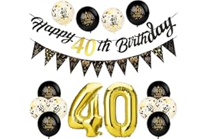 Afirbeone 40th Birthday Decorations Set, Including Black Gold Happy Birthday Banner, Triangle Flag Banner, Confetti Latex Balloons and Aluminum Foil Balloons for Party Decoration