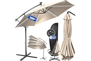 KESSER® Alu Ampelschirm LED Solar Ø350cm Inkl. Abdeckung Fernbedienung Kurbelvorrichtung Kurbelschirm mit Ständer 360° Funktion UV-Schutz Aluminium Wasserabweisend Garten-Schirm Marktschirm Beige