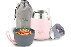 Milu Thermo per Alimenti 300ml 440ml 450ml 650ml 800ml I Contenitore Termico di Acciaio Inossidabile, Isotermico Sottovuoto per Cibi Caldi e Freddi (Rosa, 450ml)