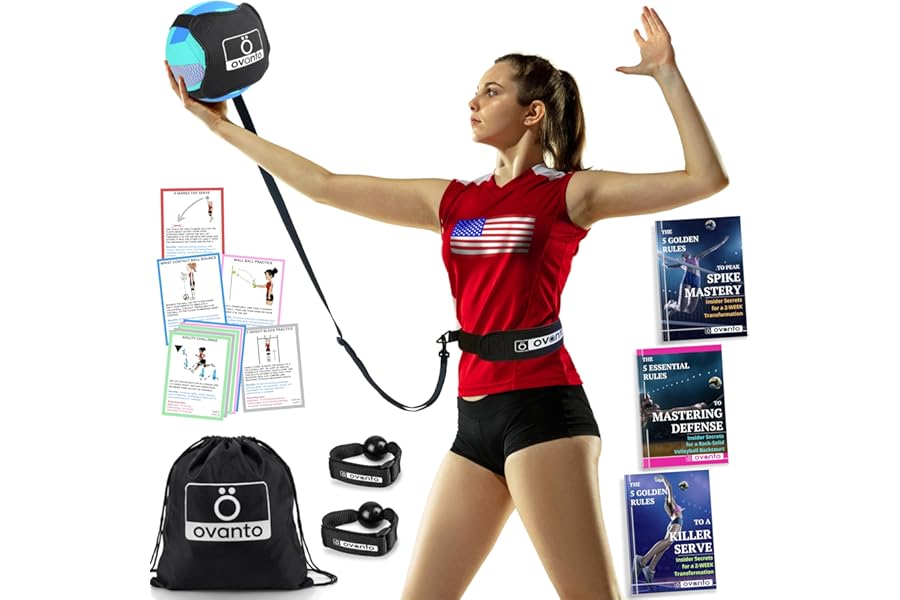 OVANTO Volleyball Training Equipment Aid - Solo Volleyball Trainer Kit to Serve & Spike Like A Pro - Fits 20-46” Waists, Reinforced Cord Stretching 21 ft - Great Volleyball Gifts for Teen Girls & Boys