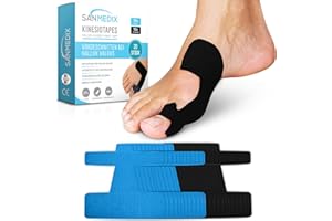 ‎SANMEDIX Sanmedix Hallux Valgus Kinesiology Tape - 20 Pre-Cut Sports & Physio Tapes for Toe and Foot - Precut Kinesiology Tape for Bunions, Skin Friendly and Latex-Free (Black + Blue, Pack of 20)