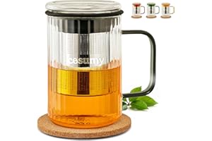 Cosumy Tasse Thé avec Infuseur et Couvercle, 450ml - Mug Thé en Verre Borosilicate avec Sous-Verre en Liège et Poignées Colorées (Noir)