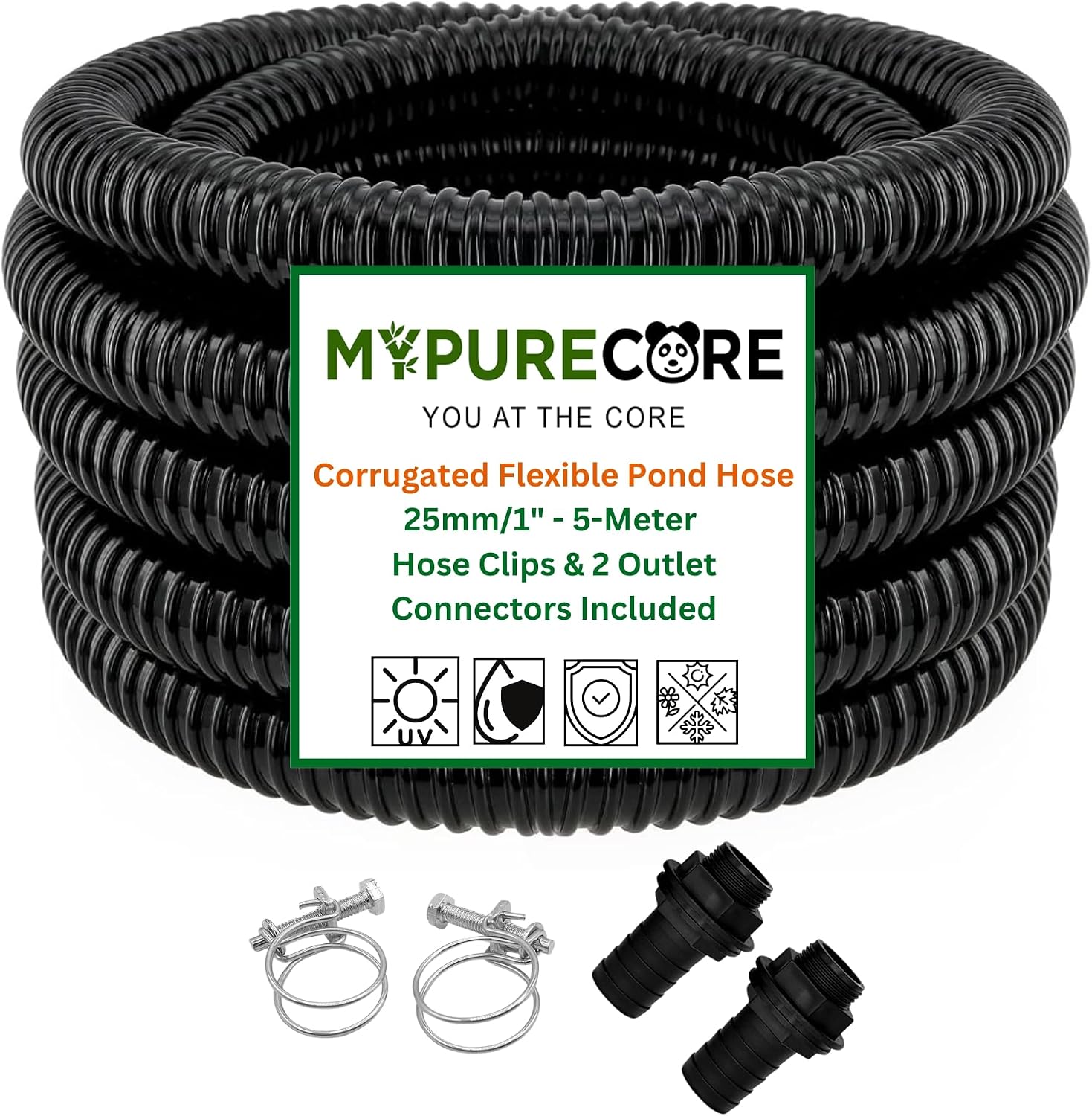 MYPURECORE Corrugated Flexible Pond Hose Set – 25mm / 1" PVC Hose with 2 Double-Wired Metal Clips & 2 Barbed Water Tank Outlet Connectors – for Pond Pumps, Waterfalls & Drainage (5-Meter)