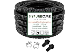 MYPURECORE YOU AT THE CORE MYPURECORE Corrugated Flexible Pond Hose Set – 25mm / 1" PVC Hose with 2 Double-Wired Metal Clips & 2 Barbed Water Tank Outlet Connectors – for Pond Pumps, Waterfalls & Drainage (5-Meter)