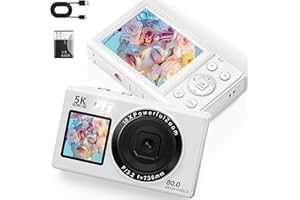 LONGYI Digital Camera 5K Vlogging Camera 80MP cameras for photography Portable Compact Photo Camera with 2.4'' LCD Screen & 1.5'' Selfie screen, 18X Digital Zoom, 32G SD Card for Teens Adult Beginners, White