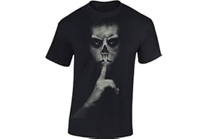 BADDERY Camiseta: Shhh ! - Cráneo Skull Halloween T-Shirt - Biker Regalo Hombre-s y Mujer-es - Noche Brujas - Calavera - Horror - Gamer - Frankenstein - Fantasy - Apocalipsis - Zombi-e