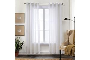 CUCRAF Sheer Voile Transparent Curtains in Linen Look with Eyelets Voile Polyester Eyelet Curtain Living Room Window Curtain for Bedroom Set of 2 140 x 225 cm (W x H), Off White, Grommet Top