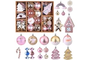 Alupssuc 65 Piezas Bolas de Navidad Set, 4-14cm Inastillables Plástico Arbol de Navidad Bolas, para Fiesta de Boda Decoraciones con Colgar Cuerdas, Macaron Rosa