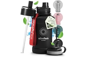 ‎BEMAXX Butelka do picia ze stali nierdzewnej ACTIVE FLASK + Słomka (3 pokrywy) | Duża 1,3/2,2 Litrowa Sportowa bez BPA Nieprzeciekająca, 2l XL Sport Fitness Siłownia trening szczelna