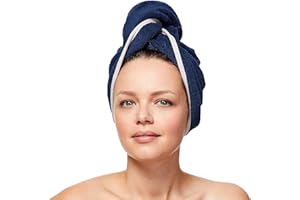 ‎SOWEL Sowel® Haarturban aus 100% Bio-Baumwolle, Turban Handtuch mit Knopf, Damen und Herren, Navy/Grau