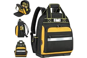 WINHUNT Tool Backpack, Heavy-Duty Tool Bag Backpack with Waterproof Molded Base, Multiple Pockets tool rucksack, tool bag organizer for electrician,Black/Yellow