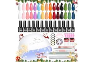 PEACECOLOR 34PCS Gel Nail Polish Set- 15 Colours Autumn Red Maroon White Gel Nail Starter Kit with U V Lamp for Beginners, Glossy Matte Top Coat Base Coat Salon Full Set for Women Christmas Gifts