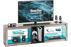 Bestier Mueble para TV de 65 pulgadas y más pequeños, 160 x 35 x 52 cm, mueble de TV con luces LED RGB, mesa de televisión con gestión de cables integrada, bandeja de cristal ajustable
