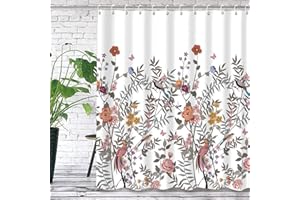 Falflor Natural Bird Floral Bathroom Curtains with 12 hooks Mould Proof Bathroom Curtains Quick-Drying Weighted Curtain for Bathroom Wet Room Tub