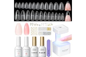 PEACECOLOR Capsule Americaine Ongle Kit, 240pcs Faux Ongles Amande 22 Tailles,Mini Lampe Uv und Colle Faux Ongles Vernis Semi Permanent Nude Pose Americaine Ongle Kit