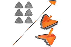 JEHONN Wall Mop with Long Handle 202 cm, Upgraded 180° Collapsible Baseboard Cleaner Tool with Squeegee, Ceiling Duster with 3 Microfiber and 3 Chenille Pads for Cleaning Window, Cabinet (Orange)