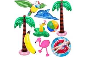Yetech Aufblasbare Palmen Baum Strand Spielzeug Set, 9PCS Aufblasbare Palmen Flamingo Spielzeug,90 cm Wassermelone Aufblasbarer Schwimmring,Fliegen Papagei Delphin ,Hawaii Party Deko Beach Backdrop