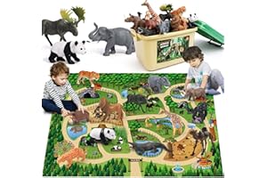 FRUSE Animali Giocattolo per Bambini con 145x98cm Grande Tappeto da Gioco,12 Pezzi Giocattoli Animali Set di Giochi di Giocattoli con Leone,Elefante,Educativo Regalo per Ragazzo Ragazza