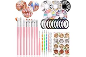 Pinkiou 47 Pcs Nail Art Tool Kit, 15pcs Nail Painting Brushes, Nail Dotting Pens, Nail Foil, Stripping Manicure Tape, Nail Color Rhinestones, Nail Art Sets