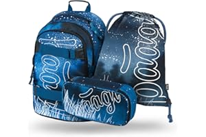 Baagl Schulrucksack Set Jungen Mädchen 3 Teilig, Schultasche ab 3. Klasse, Grundschule Ranzen mit Brustgurt, Ergonomischer Schulranzen