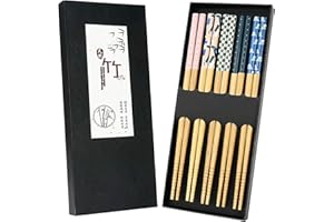YTZJ DIRECT 5 Pairs Japanese Natural Bamboo Chopsticks with Unique Pattern Dishwasher Safe, Reusable Non-Slip Chopstick Gift Set for Asian Dishes Sushi Rice Noodles, Nicely Boxed Chinese Chop Sticks
