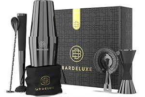 BarDeluxe® Boston Shaker Set 5-teilig, Barkeeper Set, Cocktail Mix Set - 750ml Cocktailshaker Boston, Cocktail Set Edelstahl, Cocktail Zubehör - Luxus Geschenkset, Tasche & Rezeptbuch (Schwarz)