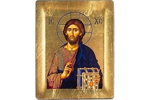 VATOPEDI MONASTERY Jesus Christ 13th-century Embossed Wooden Icon on Canvas with Golden Background from Mount Athos (13 x 10 cm)