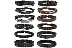 MILAKOO Bracciale in pelle intrecciata per uomo Donna Bracciale avvolgente con perline in legno regolabile