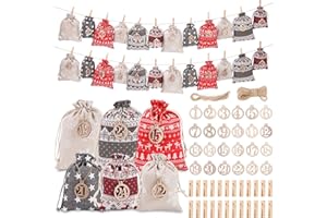 HUIFOO 24 Geschenktüten Weihnachten Weihnachtsdeko Tüten/Säckchen，Tüten für Adventskalender Selber Befüllen mit Zahlen aus Holz 1-24,Adventskalender säckchen für Kinder Frauen Männer