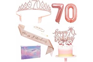 ZSYIULIA Rose Gold 70th Birthday Decorations: Women's Sash Tiara Set, Party Pack Sash Crown, Birthday Cake Topper, Number 70 Foil Balloons, Candles, Gifts for Her