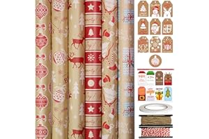 FullJoyHut 6 Rouleaux de Papier Cadeau de Noël 76cm x 3M Chacun - Motif Joyeux Noël Rouge, Papier Kraft de Noël avec Étiquette Ficelle et Adhésif pour Emballage Cadeaux de Noël