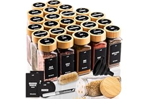 Deco Haus Juego 24 Tarros Especias con Tapa Rosca - Etiquetas, Embudo, Cepillo, Marcador - Va con Nuestros Estantes para Condimentos - Almacenamiento y Dispensador Vidrio Transparente 120ml 10.5x4.3cm