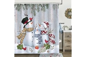 Bonhause Tenda Doccia Inverno Natale Pupazzo di Neve Pino Cascinale Tende per Doccia in Poliestere Impermeabile Antimuffa Lavabile Tende Bagno 180 x 180 cm con 12 Ganci