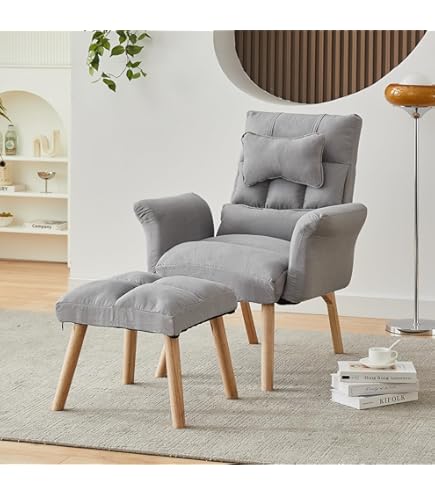 Poltrona Con Poggiapiedi Beige - Sedia Lettura Intrecciata Per Camera Da Letto - Foto 8