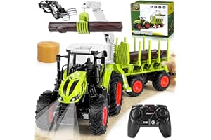 IEEILULU RC Trattore Telecomandato per Bambini, Trattore Giocattolo, 2,4 Ghz, 1:24, Trattori con Rimorchio, Pinza per Legname, Caricatore Frontale e 4 tronchi, Trasportatore di Legname Giocattolo