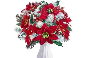 ‎ROLLWAY ROLLWAY 4 Stück Künstlicher Weihnachtsstern Tannenzweige Künstlich mit Weihnachtsblumen Rot, Künstliche Tannenzweige Kunstblumen Weihnachten Blumen Weihnachtsstrauß Künstlich Weihnachtssterne