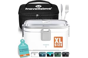 TRAVELISIMO - Fiambrera Electrica Extra Grande 1,8L - Taper Electrico para Comida 80W - Fiambrera Termica 3 en 1 12V/24V/220V - Fiambreras Comida Trabajo para Coche, Camión - Acero Inoxidable