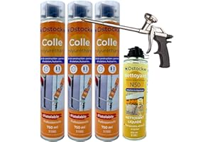 DSTOCK60 - Lot de 3 colles de montage polyuréthane + 1 pistolet + 1 nettoyant mousse - Mousse polyuréthane faiblement expansive pour le collage des panneaux isolants, rouleaux de bitume, huisseries