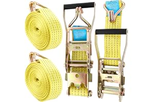 ASelected 2 Jeux de 6M×50MM Sangle d'arrimage à Cliquet, Sangle a Cliquet avec Crochet en Polyester, Sangles de Serrage avec Tendeur à Cliquet pour Remorque, Moto, Voiture Jaune