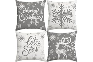 Miaikoe Merry Christmas Cushion Covers 40x40cm Snowflakes Let it Snow Moose Winter Holiday Grey Cushion Cases for Christmas Holiday Coach Sofa Decorations Set of 4