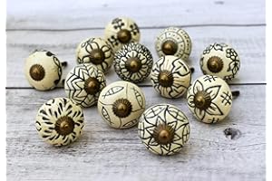 ARTISNO Boutons en céramique pour armoires - Lot de 12 boutons décoratifs imprimés fleuris blanc cassé et noir pour placard de cuisine, tiroir, garde-robe et commode avec finition brillante