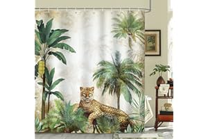 Bonhause Cortina de Ducha Leopardo en la Selva Palmera Tropical 180 x 180 cm Cortina de Baño de Poliéster Impermeable Antimoho Lavable Cortina Ducha con 12 Ganchos