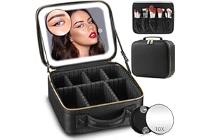 HMGGOOFA Makeup Bag with Mirror and Lights 3 Color, Travel Make up Bag Portable Lighted Makeup Case Organizer, Cosmetic Storage Case with 2-Layers Adjustable Dividers & 10X Magnifying Mirror(Black)