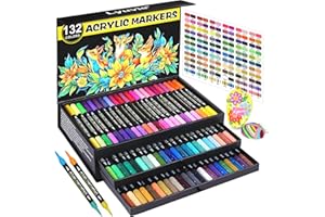 Lyuvie 132 Couleurs Feutre Acrylique,66 Pcs Acrylic Paint Marker Marqueur Peinture Acrylique Pointe Brush pour Roche Tissu Pierre Bois Verre Papier Plastique