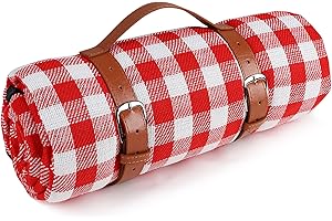Ben & Bel Couverture de pique-nique étanche et résistante au sable pliable et portable avec poignée en cuir synthétique pour activités de plein air, voyage, camping, rouge et blanc, 150 x 200 cm XL