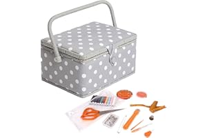 Hobby Gift Exclusive Pre-filled Sewing Box Craft Storage Box with 94 Pieces Sewing Kit Included, 18.5 x 25.5 x 14.5 cm, Grey Polka Dots