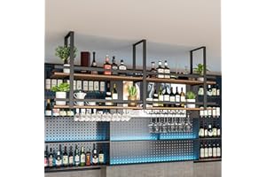 DSVONAUS Hanging Wine Rack - Metal Ceiling Wine Glass Rack, 2-Layer Industrial Hanging Wine Bottle Holder with Stemware Glass Shelf, Display Wine Storage Holder, for Bar Cafe Kitchen (Black, 120×30×80cm)