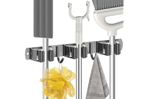 Radikor Colgador Escobas y Fregonas, Soporte Escobas Pared Adhesivo con 3 Soportes y 2 Ganchos, Sujeta Escobas Pared Atornillable, Portaherramientas de Jardín, Soporte para Fregona Escoba, Negros